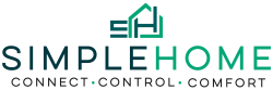 SimpleHome logo featuring a geometric house monogram with the letters &lsquo;S&rsquo; and &lsquo;H&rsquo; in a teal-to-green gradient above the words &lsquo;SIMPLEHOME&rsquo;; tagline below reads &lsquo;Connect &bull; Control &bull; Comfort.&rsquo;